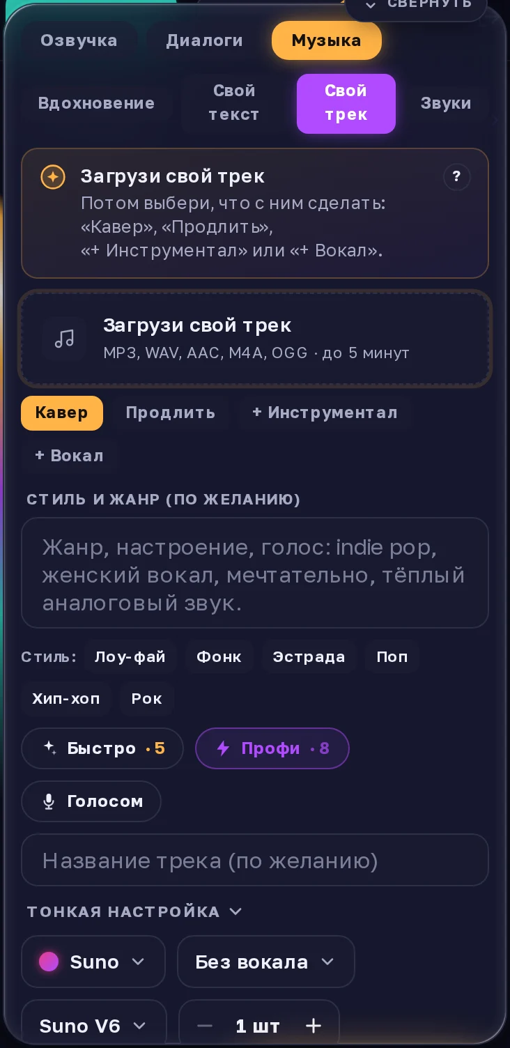 Режим «Свой трек»: поле загрузки файла и кнопки «Кавер», «Продлить», «+ Инструментал», «+ Вокал»