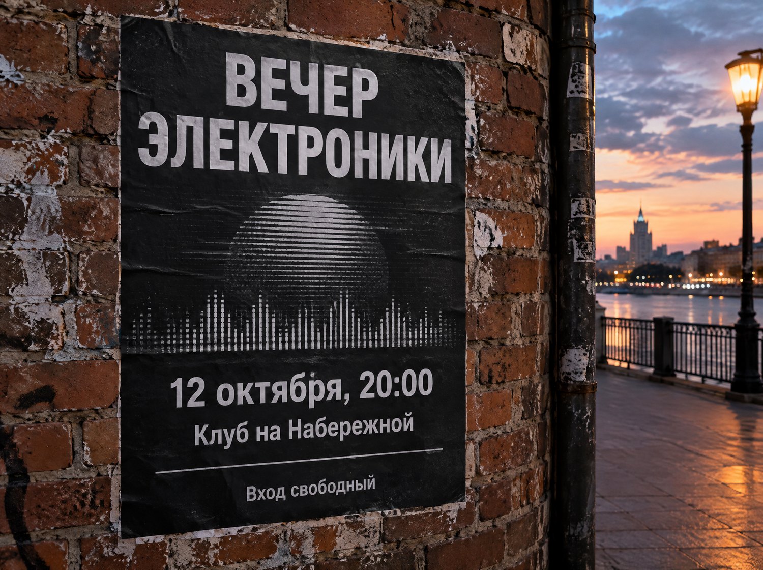 Концертная афиша на кирпичной стене с русским текстом «ВЕЧЕР ЭЛЕКТРОНИКИ», датой и адресом