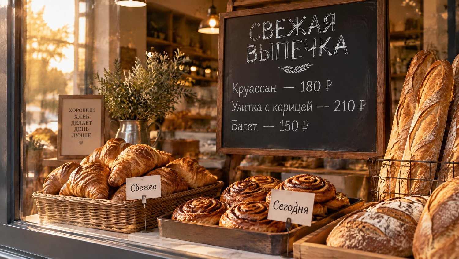 Витрина пекарни: грифельная доска с надписью «СВЕЖАЯ ВЫПЕЧКА» и списком цен по-русски